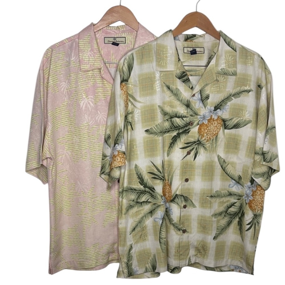 Lot of 2 Tommy Bahama Silk Hawaiian Pineapple Button Up Shirt Men Size L